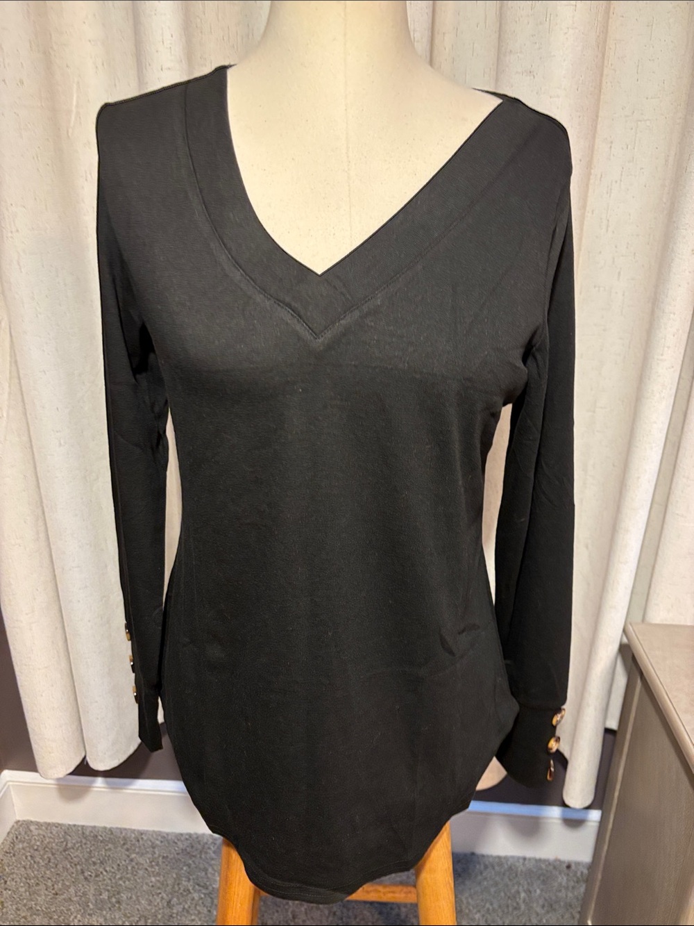Black V Neck Long Sleeve Tunic Top Button Cuffs Medium